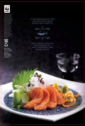 WWF世界自然基金保护平面广告--当你吃了一碗鱼翅汤，你只消耗40克鱼