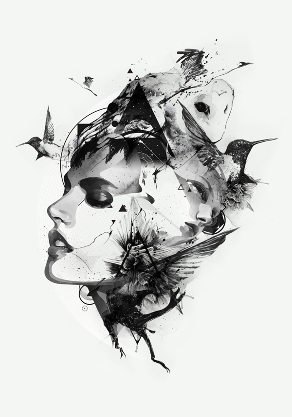 的手绘概念女性人像黑白插画-强调反映充满艺术动感的视觉封面大图