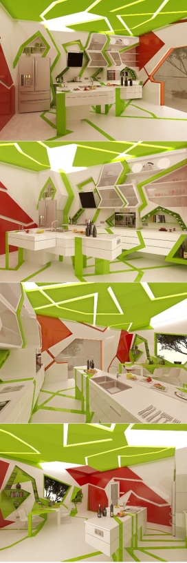 立体主义红绿厨房-保加利亚Gemelli双胞胎设计工作室作品