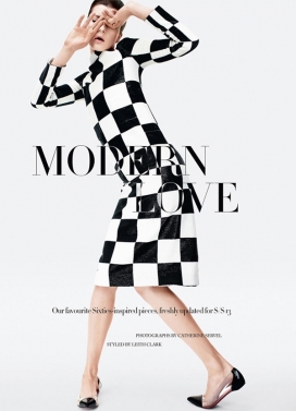 时尚芭莎Bazaar英国-60年代风味的黑白图形打印A线裙-凯瑟琳演绎现代时尚爱情时装，时装品牌包含路易・威登，香奈儿