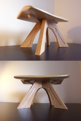 木脚凳-优雅的弧形片，平行的顶部，使用不同的凿子雕刻凳子顶部