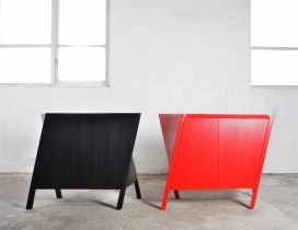 平行四边形四斜腿黑红步行柜，扭曲的外观-瑞典设计师Markus Johansson作品
