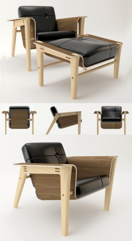Club记胶合板壳灰框胡桃木质真皮椅-借鉴了现代技术和传统的木工