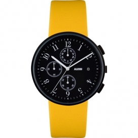 具有秒表和日期功能，并配备了两个可拆卸皮革带（一条是黄色和紫色）的Dezeen腕表-手表有一个醒目的黑色大脸，俏皮的数字设计的最大的特色-瑞士Achille Castiglioni设计师作品