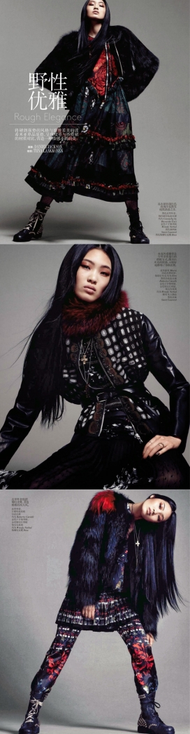 野性的优雅-Vogue中国2013年10月-将硬朗强势的风格与浪漫柔美的波西米亚单品混搭，呈现螺栓图案紧身裤皮草与砂质裙的材质对比，营造出一种美诱不羁的美