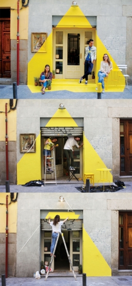 西班牙马德里黄灯餐厅-欺骗眼睛的黄颜色-餐厅门面灯光投射的光束散发出一种视觉上的错觉