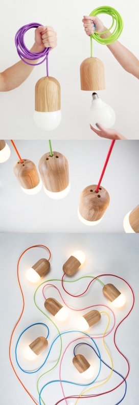 LightBean橡木圆筒吊灯设计-有12种颜色的纺织线