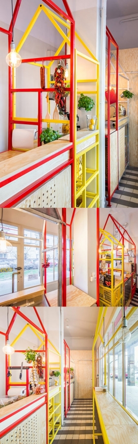 波兰华沙Zapiekanka红黄钢框架面包餐厅-彩色类似于番茄酱和奶酪，体现健康和现代的版本，建筑于上世纪90年代建设