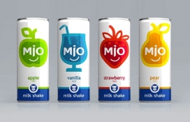 俄罗斯MIO碳酸汽水奶昔包装设计-简化的水果插图，后面还有一个微笑商标，使产品线很友好，清新的外观，引人注目