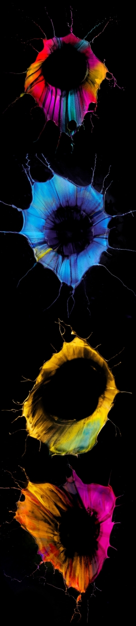 短暂瞬间的美丽-Orchid涂料飞溅水花摄影-摄影师将一个球体被扔进油漆，充满了不同颜色的漆液，涂料的各个层成形为花状结构。