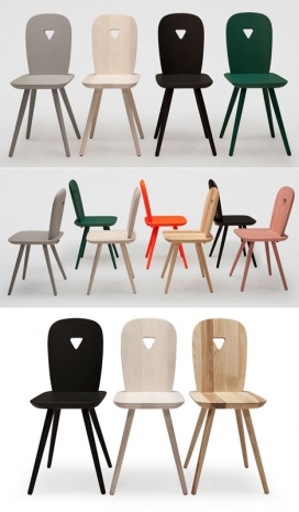 米兰设计周-木制椅子-意大利威尼斯设计师Luca Nichetto作品，采用了圆润的线条和刺靠背小倒三角形洞