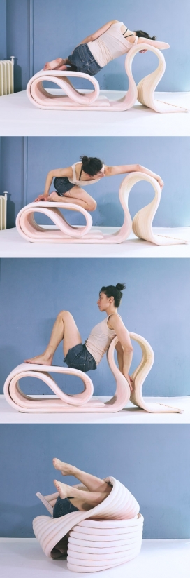 可以扭曲创造无限形状和折叠的座椅-芬兰设计师Kirsi Enkovaara设计师作品，六米长的肋结构可以转换成任何形状，也可卷折成配置舒适或奇怪的位置来支持身体