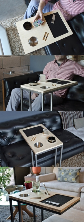 Caddy-多功能沙发桌子，采用优质竹顶焊接钢架组成，有两种饮料架，四个插槽，可以放你的iPhone或iPod（或手机）（或音乐播放器）或你的遥控器