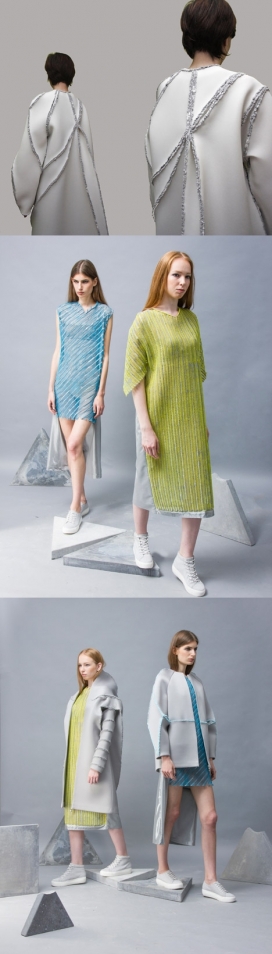 Zita MERényi时装设计师创建的西尔斯织物3D时尚时装，采用灰色氯丁橡胶织物缝在一起