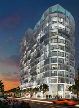 菱屋-14层高公寓楼-在迈阿密，15000平方米的建筑将容纳76住宅，具有雕塑感的白色几何形状外观，有面向大海的阳台，每个可欣赏比斯坎湾的全景，被称为“佛罗里”露天起居空间。