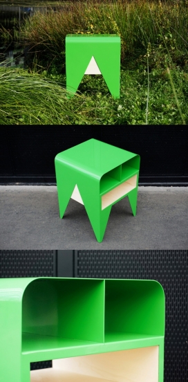 Frog边桌设计-带一个存储抽屉，灵感来自于两栖类冲击力的绿色，动物般的细节被简化，建立了一个现代化的设计