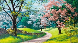 高清晰手绘春天树木路草油画壁纸