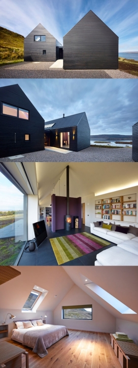 黑色染房-位于苏格兰风景如画的内赫布里底群岛海岸线附近，建筑师设计引用一个老黑棚形状和外观。拥有俯瞰海湾的视觉露台，两层楼的卧室，包含的起居和用餐空间。