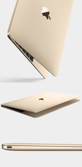 苹果最薄最轻的黄金装饰MacBook笔记本设计-重量只有两磅，13.1毫米厚，比目前最薄的设计更薄，磨碎的铝合金外壳，颜色有金色和灰色空间以及典型的银色。乔纳森・伊夫设计