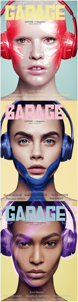 时尚科技的Garage车库杂志封面-五位顶级模特登录杂志封面-冷静的面孔和充满未来感的耳机配件，给整个封面增添了不少大牌气息