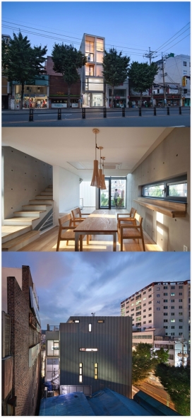 韩国釜山狭窄部位的零售空间公寓房屋设计-骨感的建设，位于大清洞区附近，宽12米多深只有5米，所以建筑师选择各种功能通过垂直堆叠结合起来设计，建筑的目的是展示潜力，是一个零售和休闲活动合并的住宿公寓