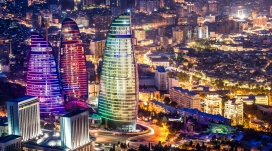高清晰阿塞拜疆巴库火焰塔城市夜景