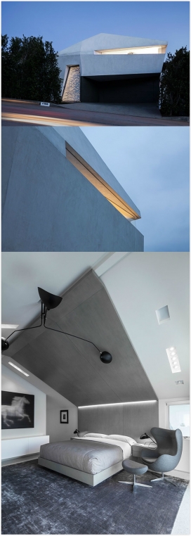 Montee Karp别墅酒店建筑-2200平方英尺的住宅，坐落在美国马里布的一个山坡上，可俯瞰太平洋。里面是画廊般的居住空间设计，以适应客户的广泛当代艺术收藏审美。采用悬臂钢，每个图案都是自定义激光切割，光线天窗通过多孔楼梯投射的阴影是千变万化的纹理，让整个空间充满艺术味