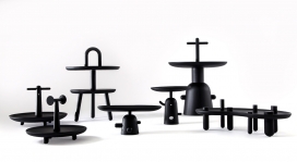 Cassina低光泽黑色烛台设计-一个托盘和两个小边桌