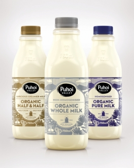 Puhoi有机牛奶包装设计-一个有趣的故事。用传统的木刻版画创建自然原生插图，旨在传达波希米亚社区遗产精神。调色板很微妙柔和，主要描绘Puhoi有机牛奶是优质奶产品