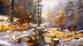 高清晰冬季鹿水墨壁纸