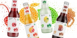 Obi旧益生菌苏打水包装设计-具有乐趣活力的科学和健康的功效，每个图像代表不同口味风味