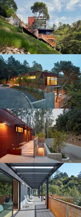 一个加利福尼亚的家-建在山坡上，采用太阳能光伏发电系统，有大的窗户，还有小型分体式热泵供暖能量系统，是一栋开放式、可持续、节能的。2875平方英尺，有五间卧室，其中三个被设计为灵活的空间，