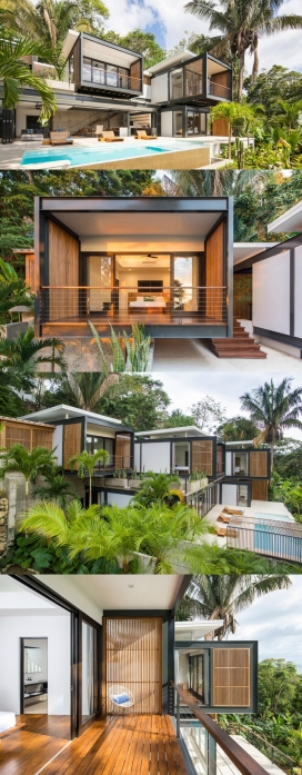 哥斯达黎加雨林当代别墅-室内室外大房间和楼上的悬臂门廊可以俯瞰茂密的热带植物