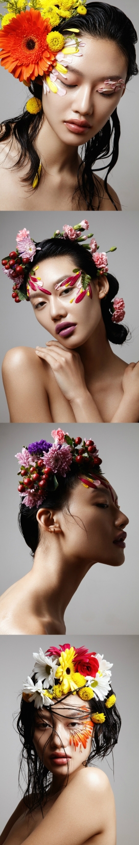 花的力量-花卉头饰和花瓣装饰，优雅的发髻和湿发束，一个满脸光泽的露水妆容