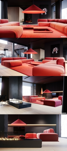 I.080-红色调单户住宅室内设计