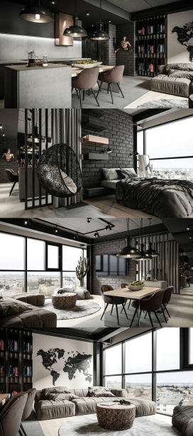 灰色现代工业公寓室内设计