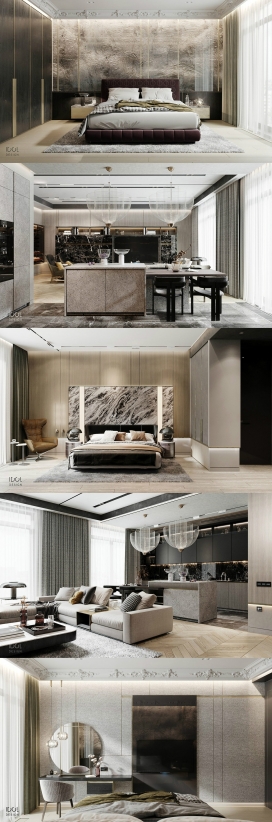 灰色和金色的奢华现代生活室内设计