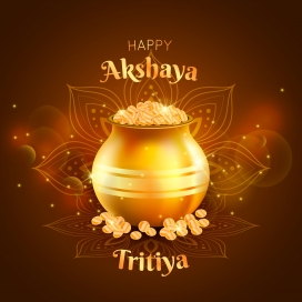 庆祝Tritiya天天快乐-装满闪闪发光金子的金钵素材