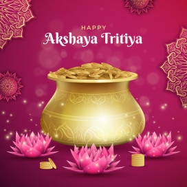 红色印度akshaya tritiya满月节金钵金币卡片海报素材下载