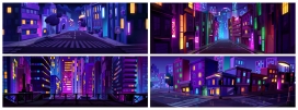 蓝紫色调城市夜景建筑卡通素材下载