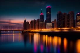 阿拉伯国家海滨城市夜景倒影图