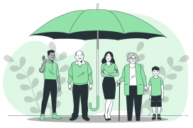 绿色大雨伞等车的卡通人