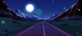 卡通月光下的阿尔卑斯山公路素材：浪漫之旅