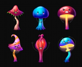 卡通彩色魔法蘑菇人物表情包矢量素材