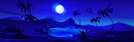 卡通圆月下的撒哈拉沙漠夜间棕榈树绿洲矢量蓝色景观