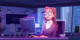 卡通紫色戴眼镜电脑前加班的职业女矢量素材