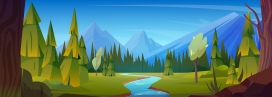 卡通手绘森林溪流高山场景风景