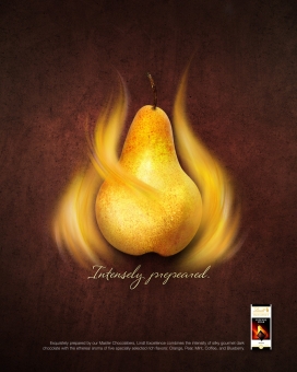 美国Lindt黑巧克力香气丰富口味：橙，梨，薄荷，咖啡和蓝莓平面广告