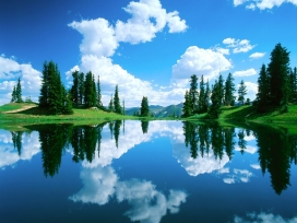 高清晰蓝天白云绿树-冈尼森湖倒影壁纸