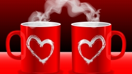 爱杯-高清晰两个红色爱心杯子冒爱心热气杯子壁纸